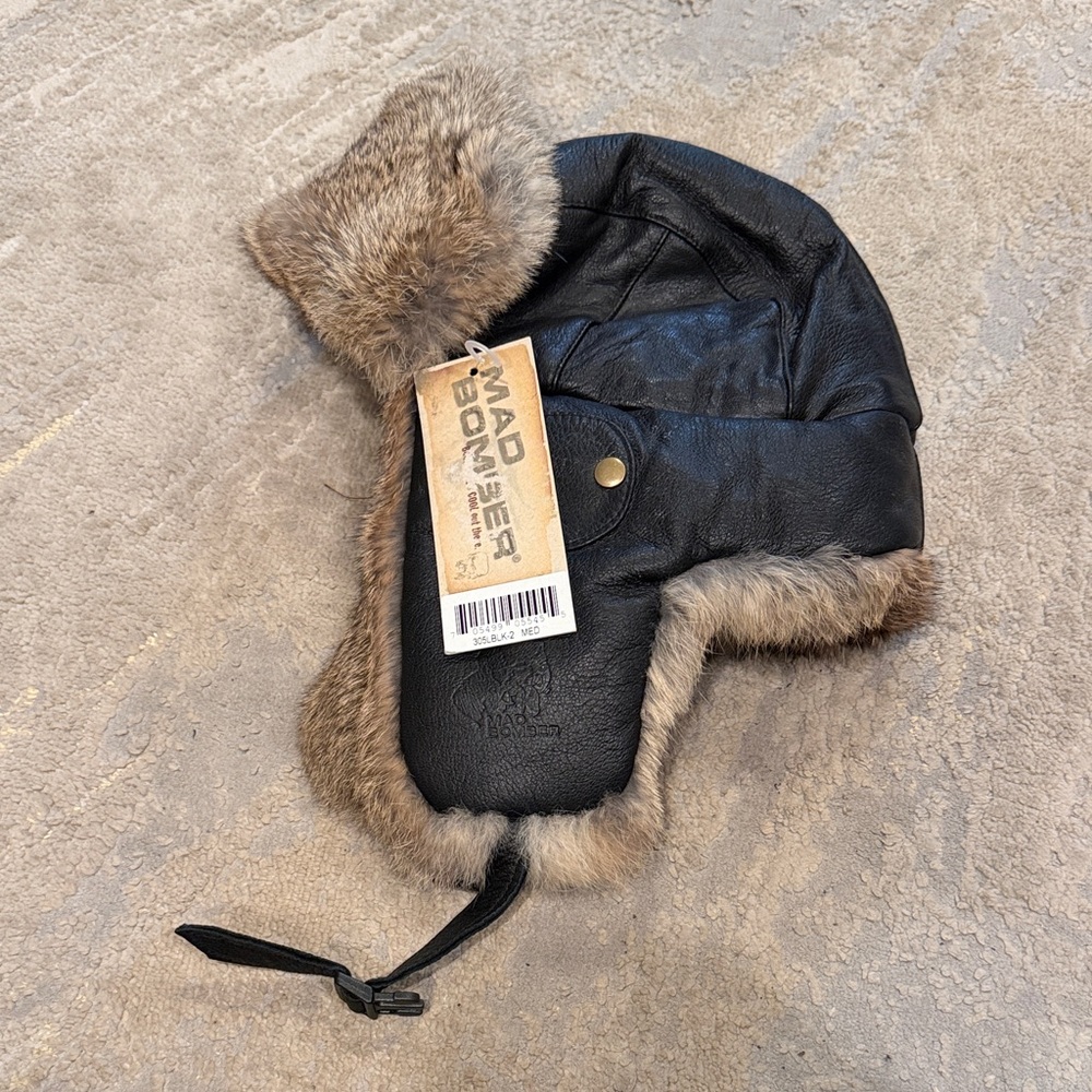 Mad Bomber Bomber Leather 305LBLK medium real rabbit fur black leather new